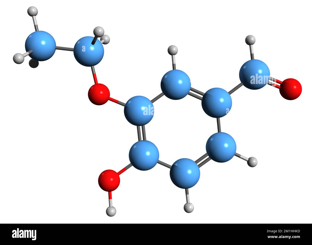 3D immagine della formula scheletrica di etilvanillina - struttura chimica molecolare della 3-etossi-4-idrossibenzaldeide isolata su sfondo bianco Foto Stock