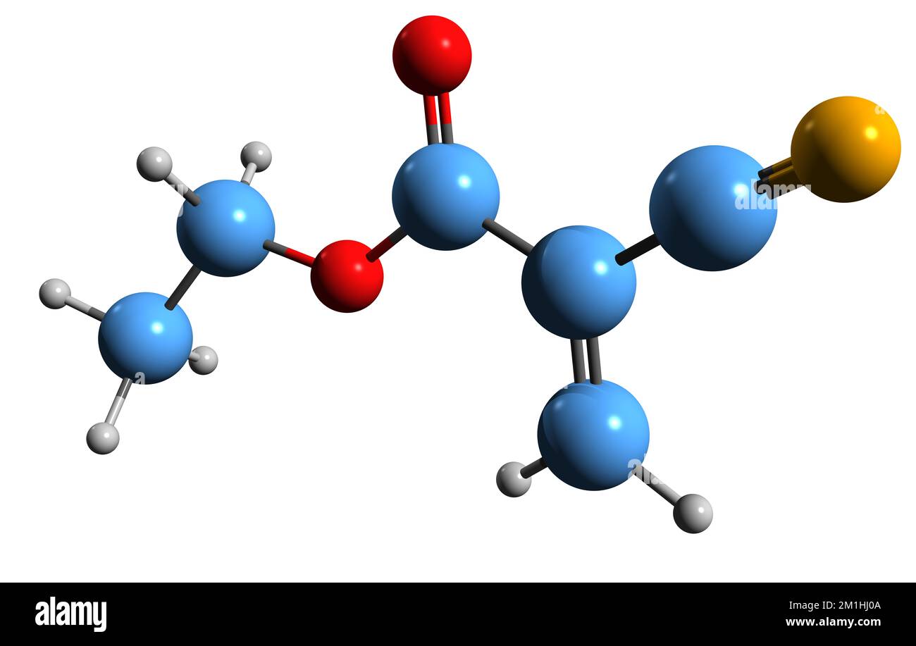 3D immagine di etilcianoacrilato formula scheletrica - struttura chimica molecolare di estere di cianoacrilato isolato su sfondo bianco Foto Stock