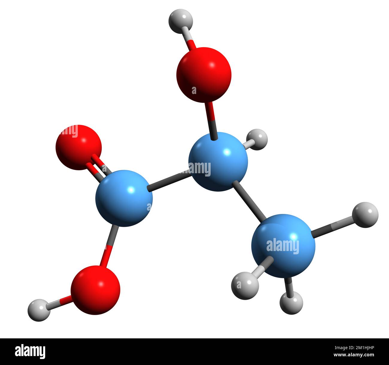 3D immagine della formula scheletrica dell'acido lattico - struttura chimica molecolare dell'acido lattico organico isolato su sfondo bianco Foto Stock