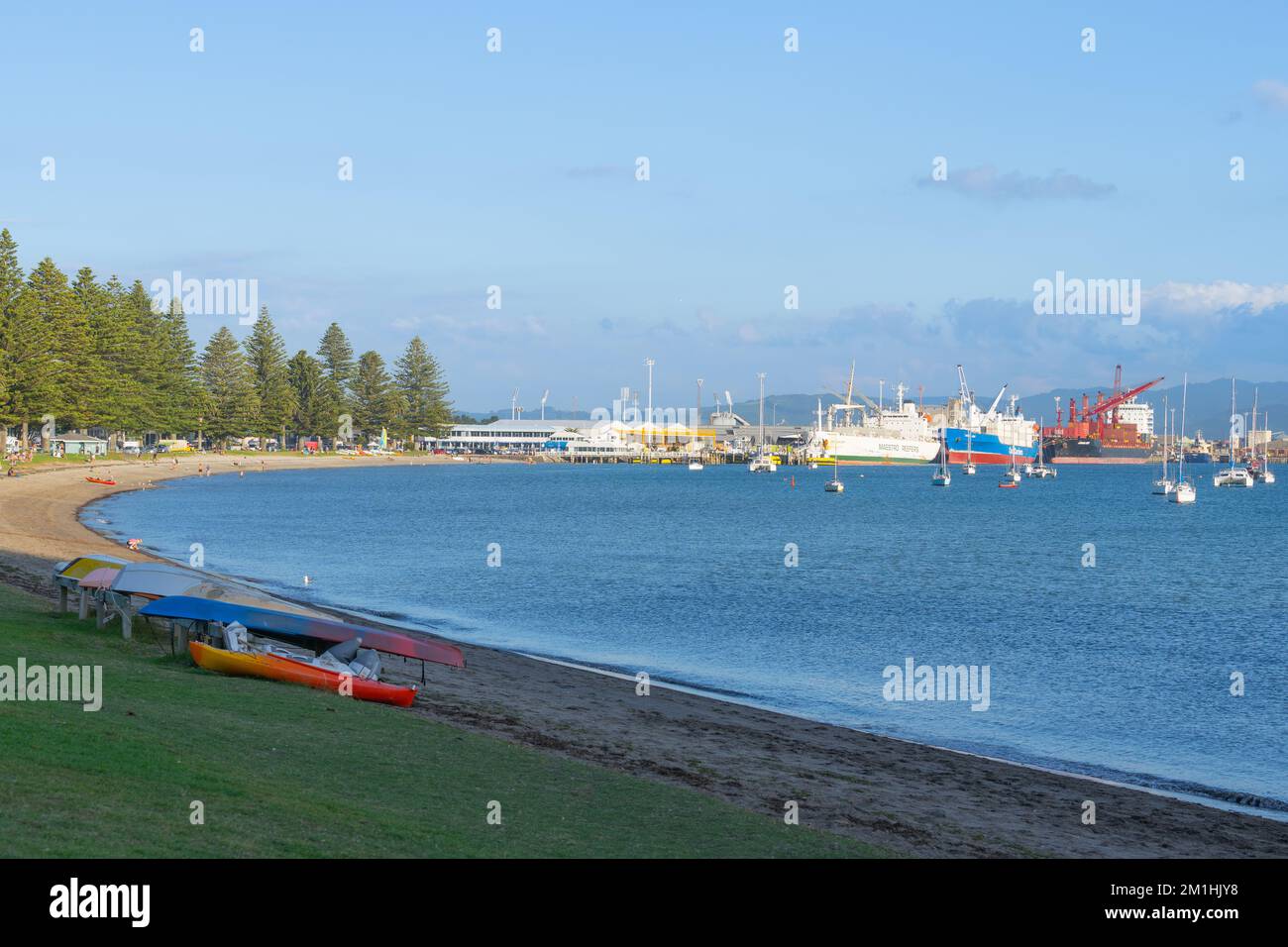 Tauranga Nuova Zelanda - Aprile 30 2022: Lungomare di Pilot Bay al Monte Maunganui e porto con navi da carico al molo. Foto Stock