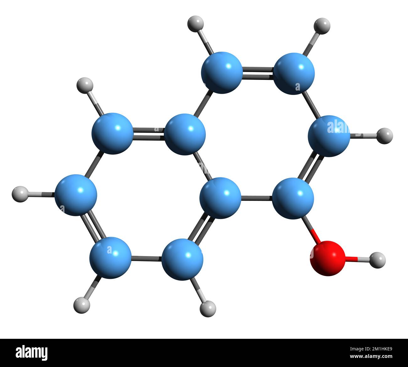 3D immagine della formula naftolica scheletrica - struttura chimica molecolare del 1-idrossinaftalene isolato su sfondo bianco Foto Stock