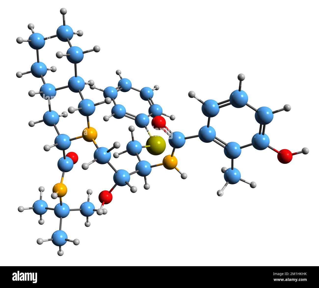 3D immagine di Nelfinavir formula scheletrica - struttura chimica molecolare dell'agente antivirale isolato su sfondo bianco Foto Stock