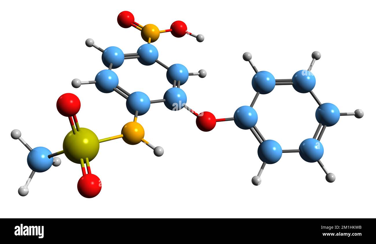 3D immagine della formula scheletrica della Nimesulide - struttura chimica molecolare del farmaco antinfiammatorio non steroideo isolato su sfondo bianco Foto Stock