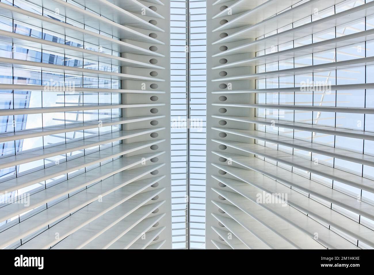 Guardando dritto su un soffitto pulito e moderno, di architettura bianca simmetrica con vetro all'esterno Foto Stock