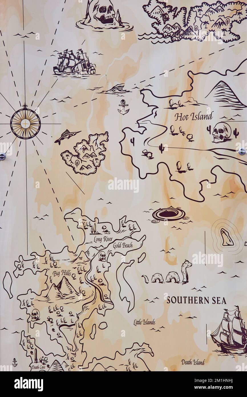 Vecchia mappa disegnata a mano di oceano con creature mitiche Foto Stock