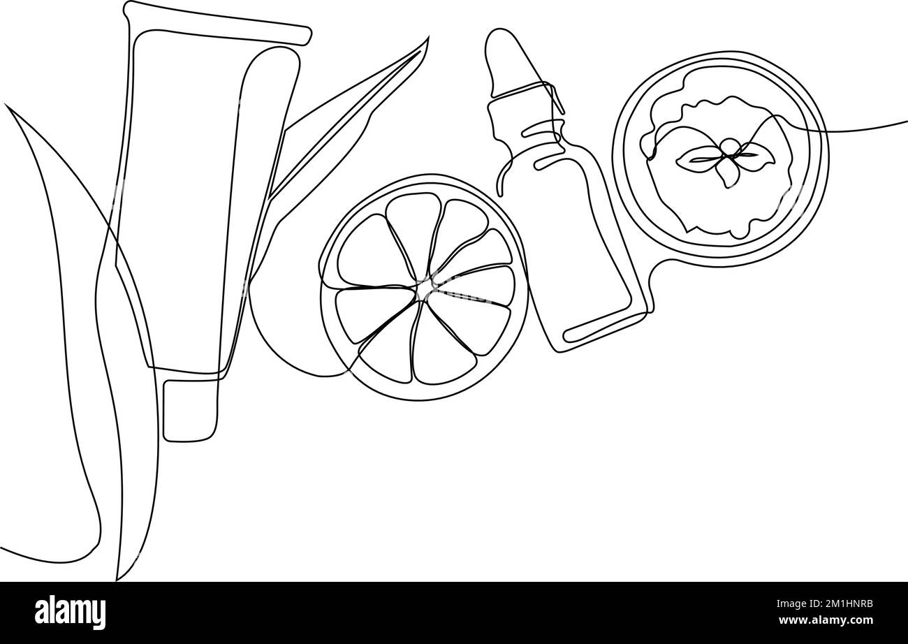 Disegno continuo di una linea di bottiglie con olio o miele o succo di limone o lime per lo scrubbing e la cura della pelle del corpo con prodotti naturali per la cura della pelle alle erbe, vista dall'alto degli ingredienti. Illustrazione vettoriale Illustrazione Vettoriale