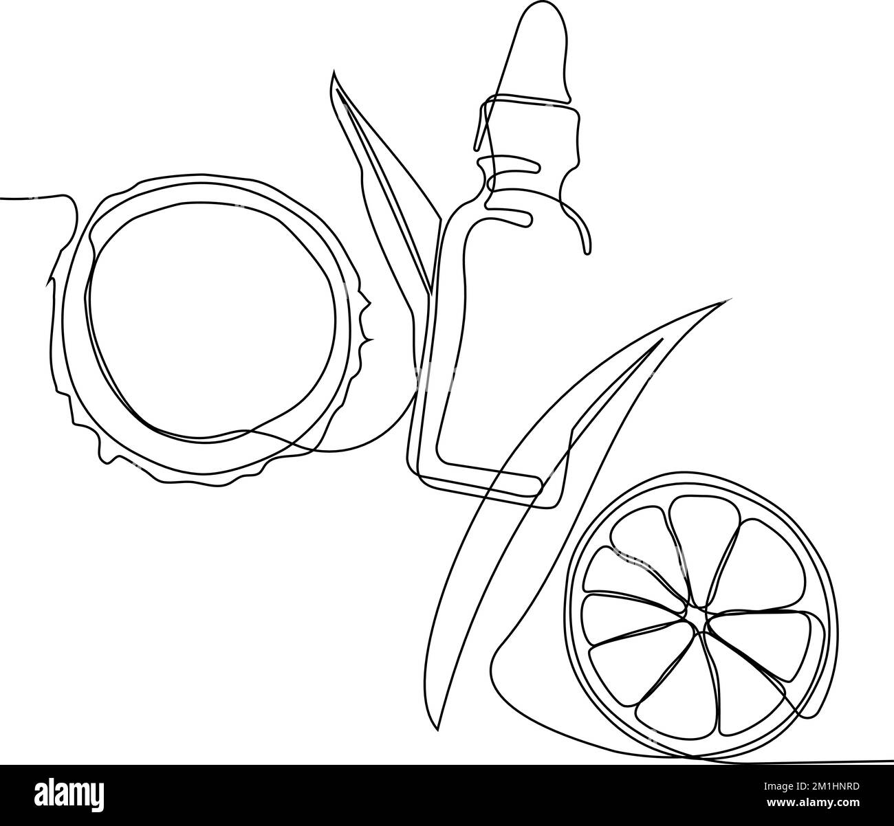 Disegno continuo di una linea di bottiglie con olio o miele o succo di limone o lime per lo scrubbing e la cura della pelle del corpo con prodotti naturali per la cura della pelle alle erbe, vista dall'alto degli ingredienti. Illustrazione vettoriale Illustrazione Vettoriale