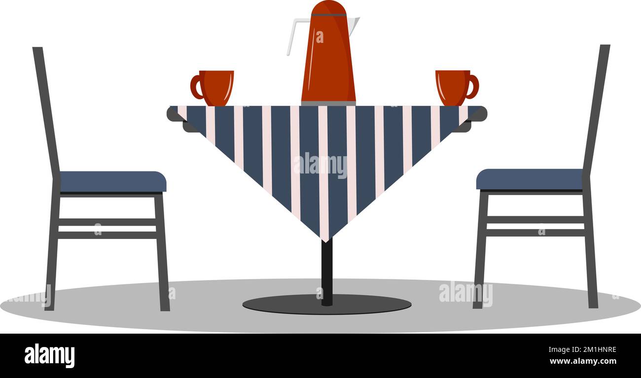 Illustrazione interna - tavolo con tovaglia, sedie, teiera e tazze. Per la cucina, il soggiorno e la veranda. Illustrazione Vettoriale