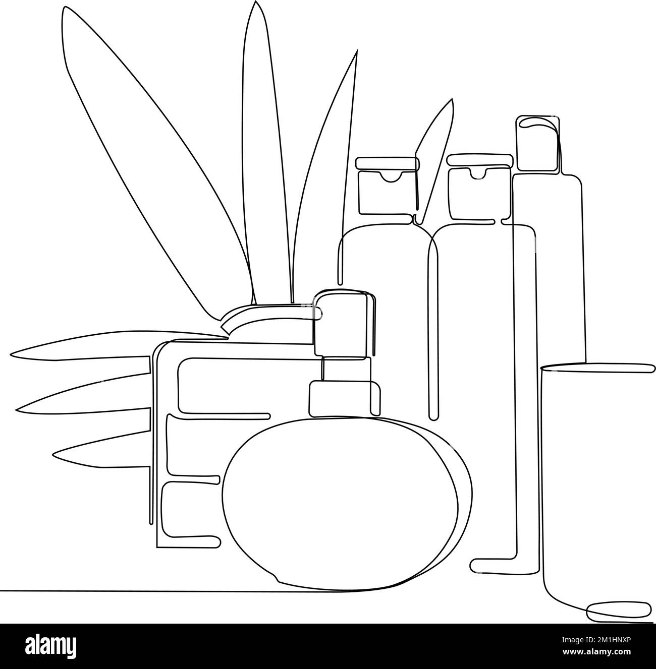 Disegno continuo di una linea di bottiglie con olio o miele o succo di limone o lime per lo scrubbing e la cura della pelle del corpo con prodotti naturali per la cura della pelle alle erbe, vista dall'alto degli ingredienti. Illustrazione vettoriale Illustrazione Vettoriale