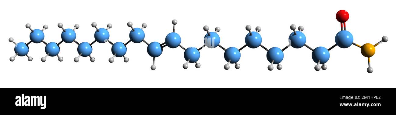 3D immagine della formula scheletrica dell'oleamide - struttura chimica molecolare dell'ammide dell'acido oleico isolata su sfondo bianco Foto Stock