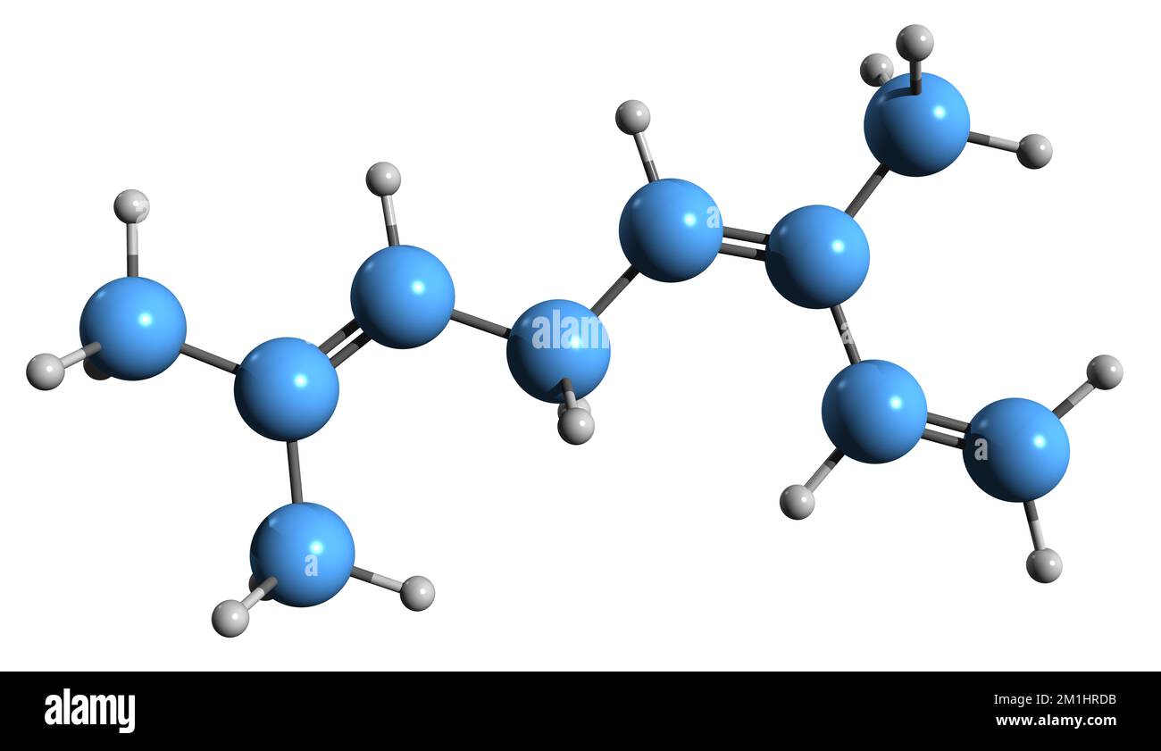 3D immagine di Ocimene formula scheletrica - struttura chimica molecolare di monoterpene isolato su sfondo bianco Foto Stock