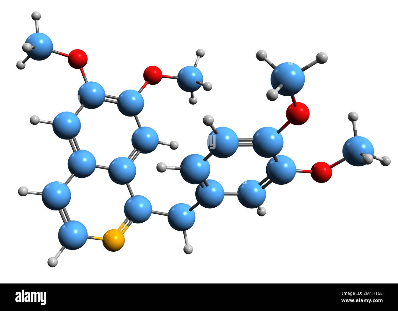 3D immagine di papaverina formula scheletrica - struttura chimica molecolare di oppio alcaloide isolato su sfondo bianco Foto Stock