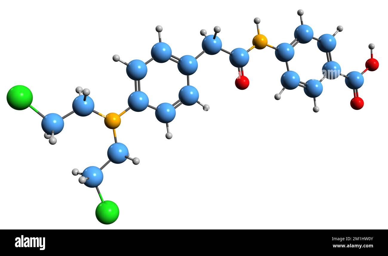 3D immagine della formula scheletrica di Pafencil - struttura chimica molecolare dell'acido cloroetilamminofenacetilparaamminobenzoico isolato su sfondo bianco Foto Stock