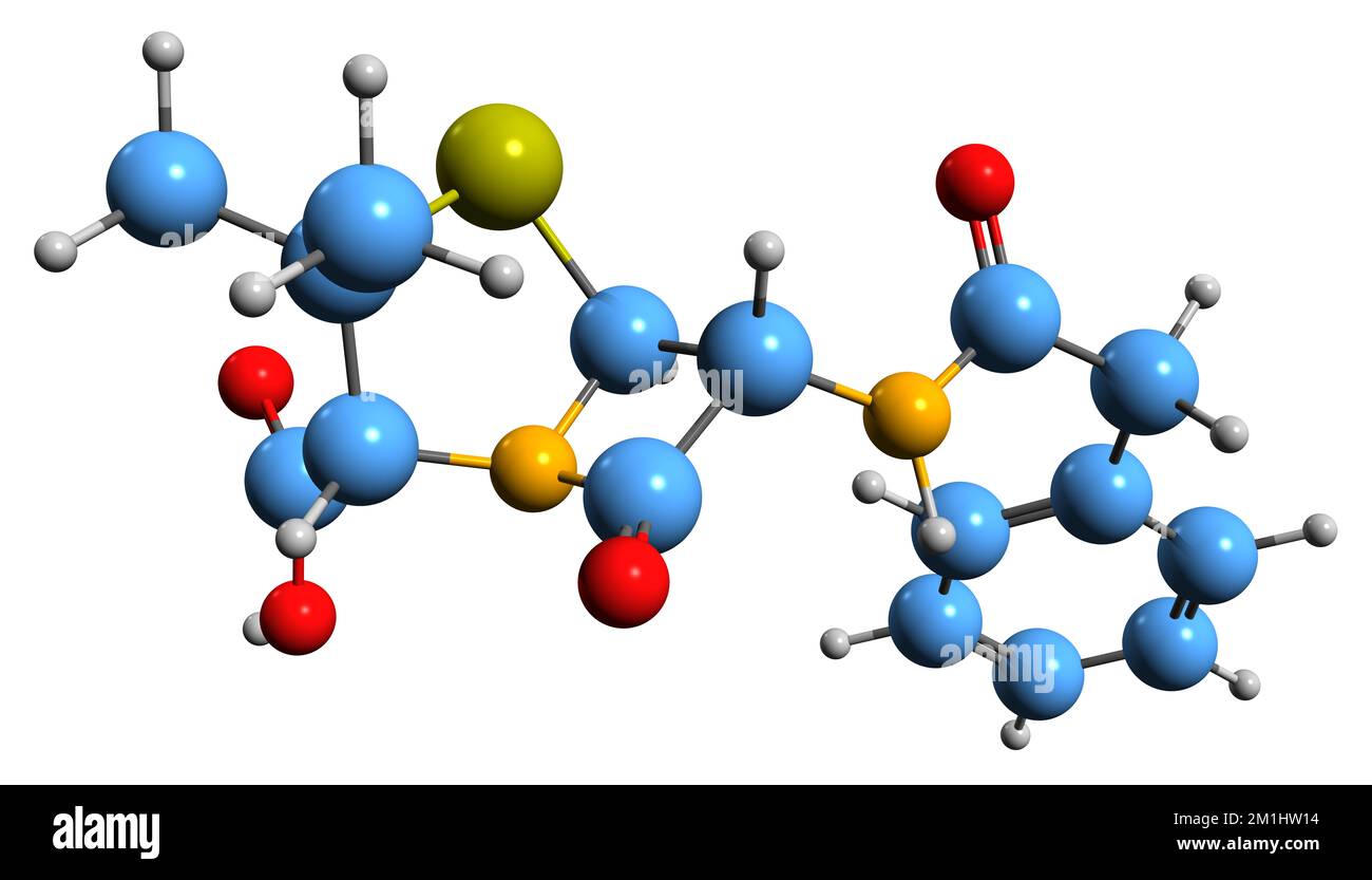 3D immagine della formula scheletrica della penicillina - struttura chimica molecolare dell'antibiotico beta-lattamico isolato su sfondo bianco Foto Stock