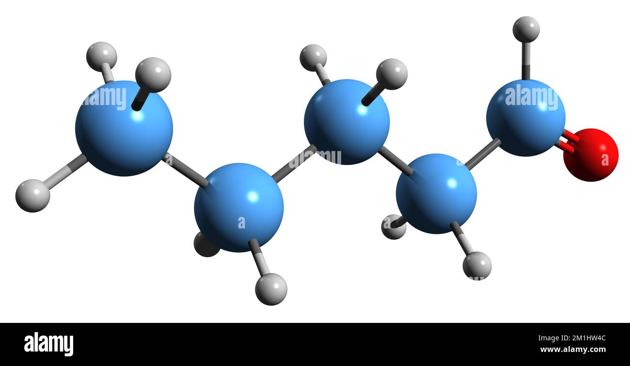 3D immagine della formula scheletrica pentanale - struttura chimica molecolare dell'aldeide valerica isolata su sfondo bianco Foto Stock