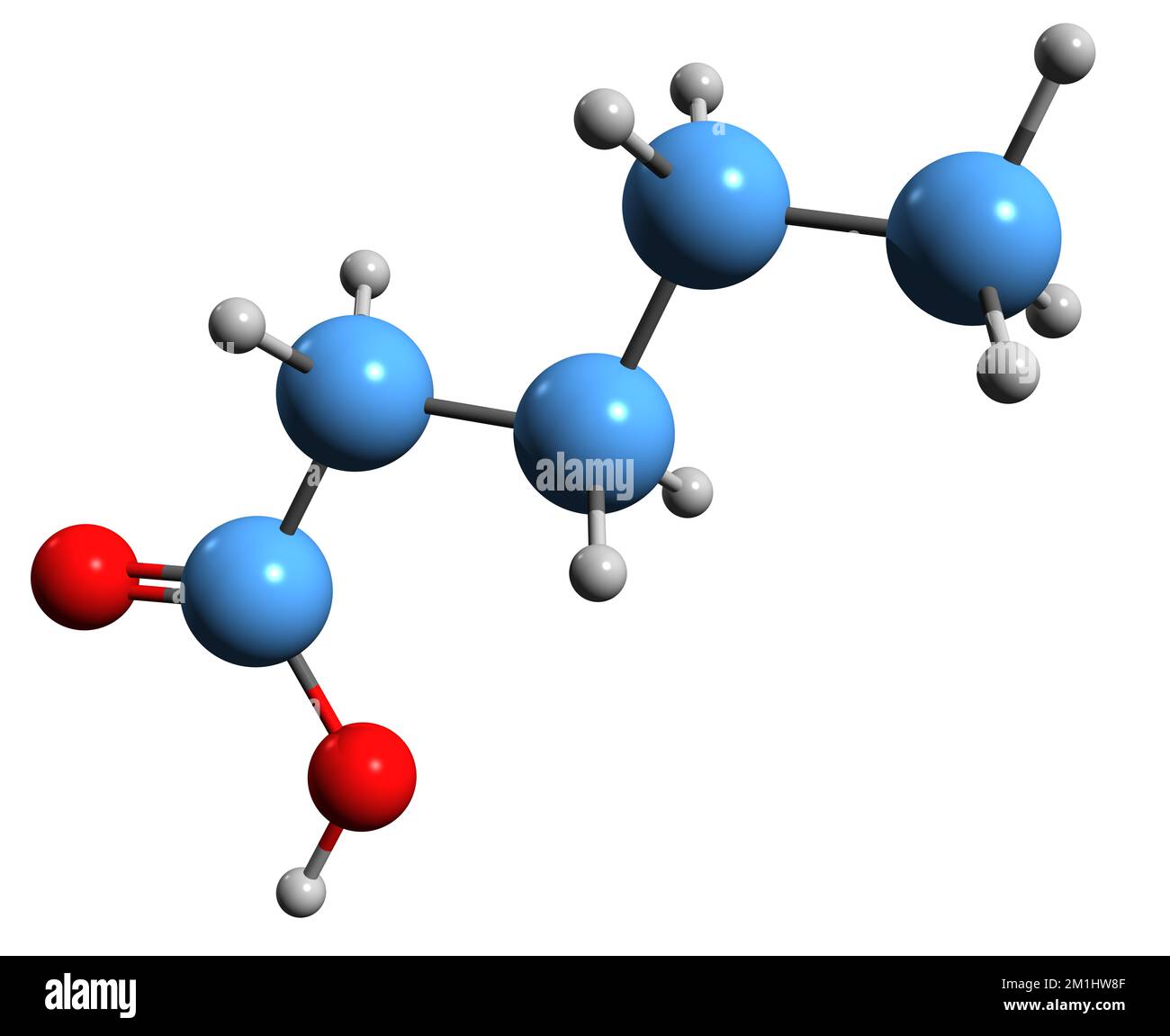 3D immagine della formula scheletrica dell'acido valerico - struttura chimica molecolare dell'acido propilacetico isolato su sfondo bianco Foto Stock