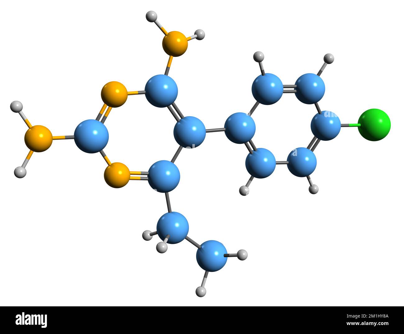 3D immagine della formula scheletrica di pirimetamina - struttura chimica molecolare del farmaco antiparassitario isolato su sfondo bianco Foto Stock