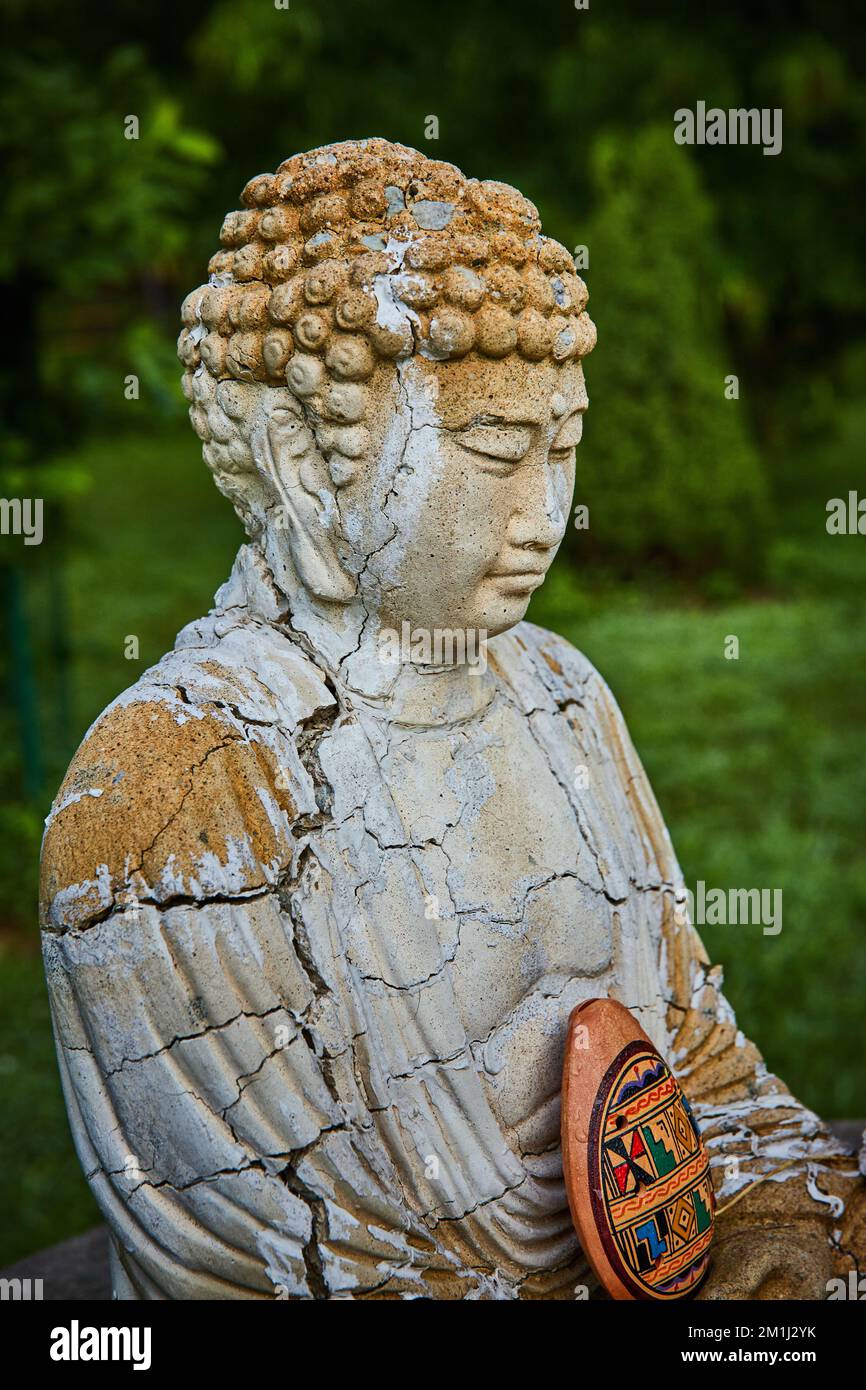 Particolare delle crepe sull'antica statua del Buddha per la preghiera e la meditazione Foto Stock