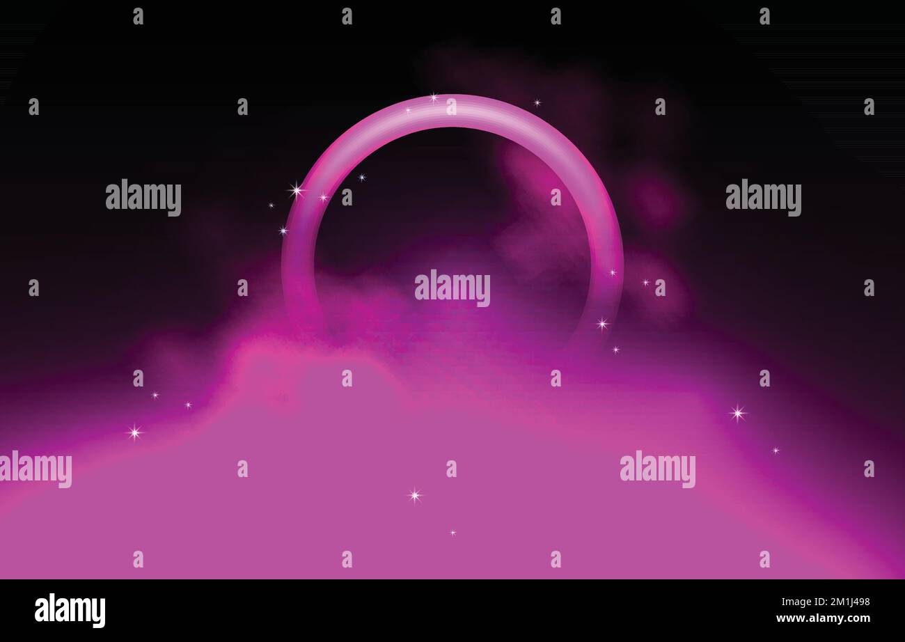 Cerchio anello rosa Neon Lights Cloud fumo nebbia sfondo Illustrazione Vettoriale