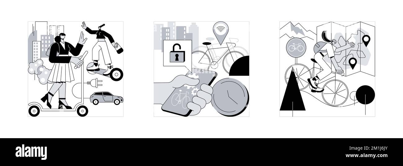 Set di illustrazioni vettoriali per il concetto astratto di trasporto urbano. Trasporto elettrico personale, condivisione di biciclette, rete di piste ciclabili, applicazione di noleggio scooter, prenotazione di corse online, mappa della città metafora astratta. Illustrazione Vettoriale