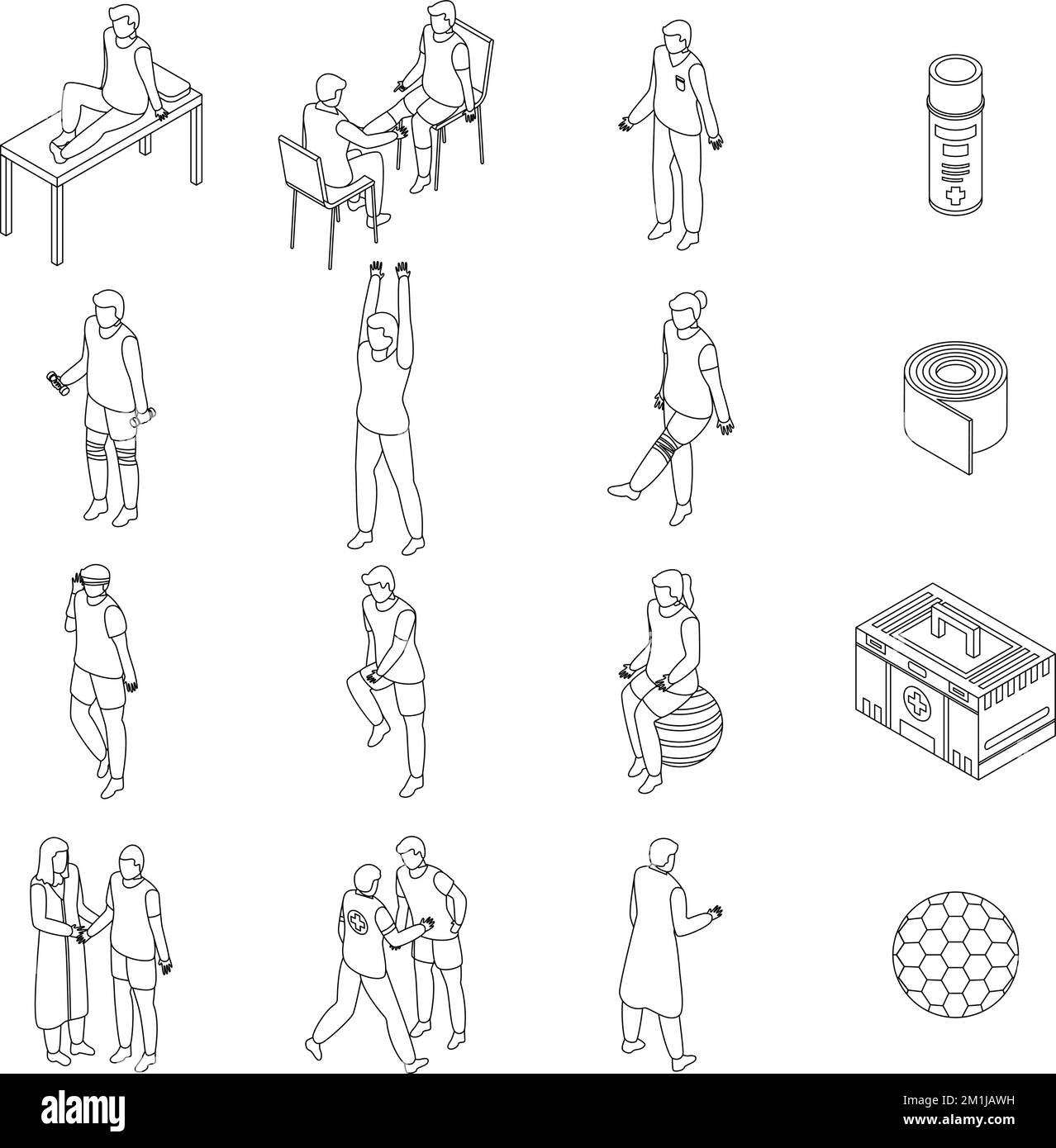 Set icone medico sportivo. Insieme isometrico di icone vettoriali medico sportivo contorno su bianco linea sottile collezione Illustrazione Vettoriale