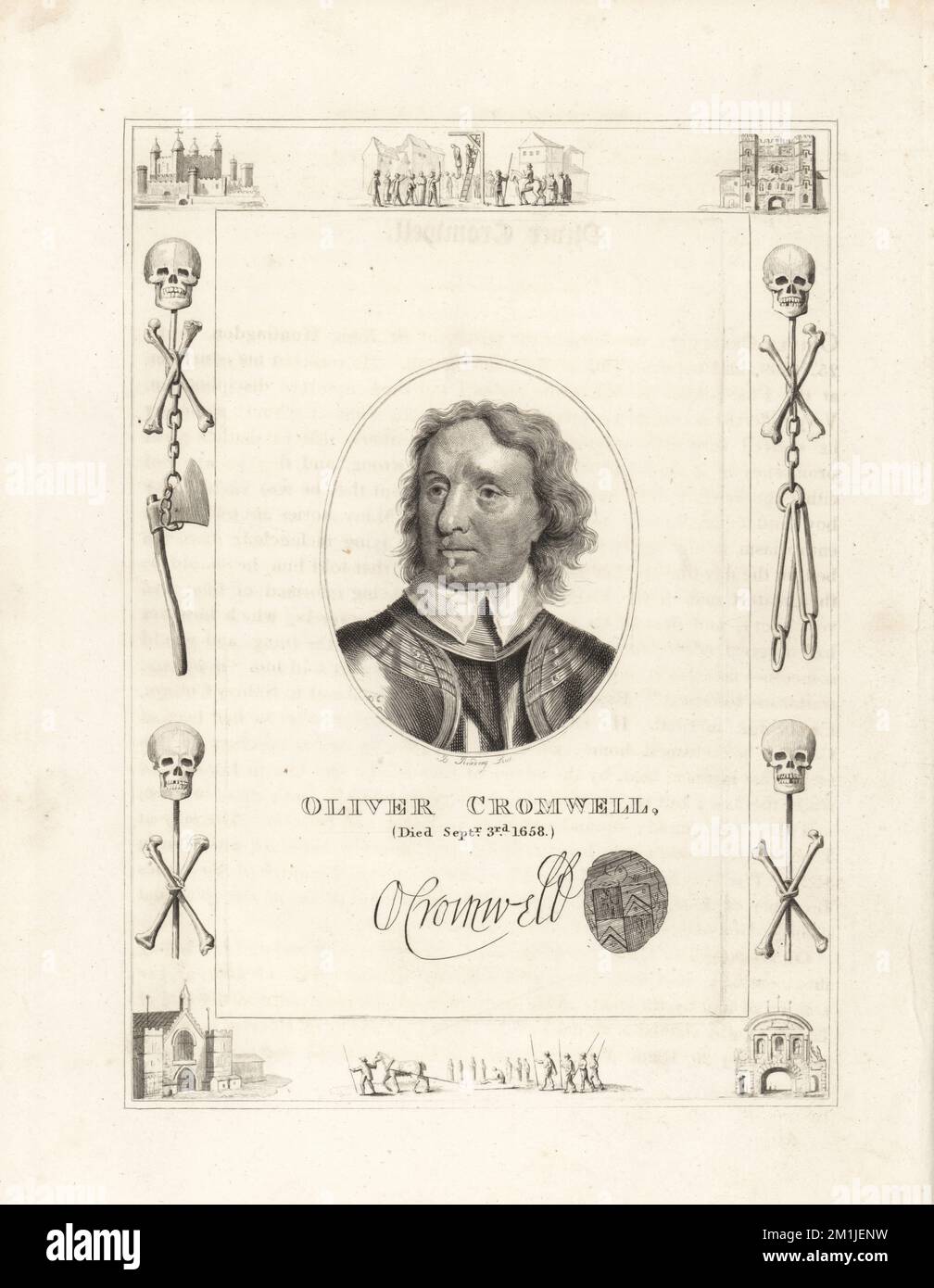 Oliver Cromwell, è morto il 3 settembre 1658. Cromwell, politico e soldato della Guerra civile inglese, regicidio di re Carlo i d'Inghilterra, e Lord Protector del Commonwealth, 1599-1658. Con il suo autografo e sigillo. All'interno di una cornice decorata con vignette di cranio e ossa a croce, catene e ascia del carnefice, un uomo appeso a un gibbetto a Tyburn, un uomo condannato su una slitta, la Torre di Londra, prigione di Newgate. Incisione su copperplate di Robert Cooper, ritratto inciso da Burnet Reading, tratto da The High Court of Justice di James Caulfield, Londra, 1820. Foto Stock
