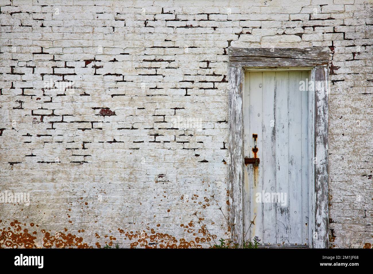 Abbandonato edificio in mattoni bianchi con vecchia porta in legno decadente e lichen Foto Stock