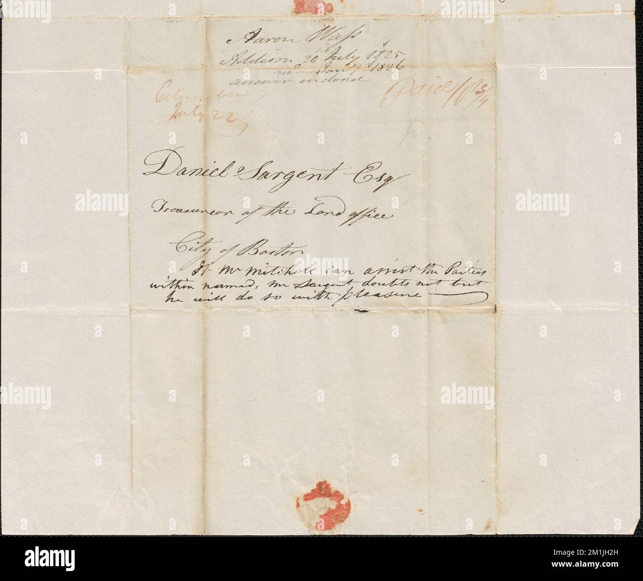 Aaron WASS a Daniel Sargent, 20 luglio 1825 , vendite pubbliche di terreni, Stati Uniti, Massachusetts, Politica e Governo, 1775-1865, Maine, Politica e Governo, 1775-1865, Stati Uniti, Storia, Rivoluzione, 1775-1783, Reclami, Canada, Frontiere, Stati Uniti Foto Stock