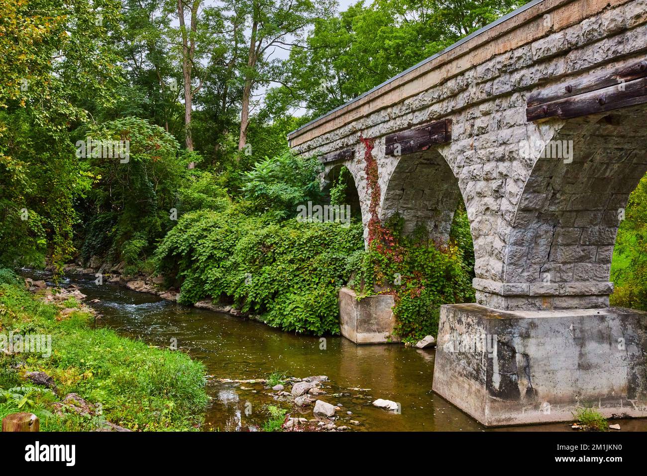 Fiume con enormi archi in pietra del ponte ferroviario che attraversa Foto Stock
