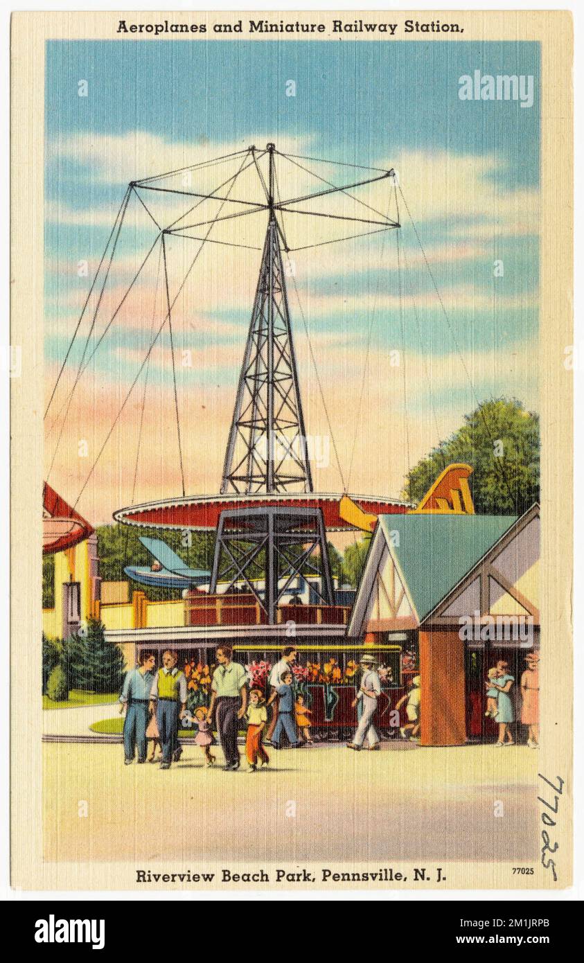 Aeroplani e stazione ferroviaria in miniatura, Riverview Beach Park, Pennsville, N. J. , giostre, Tichnor Brothers Collection, cartoline degli Stati Uniti Foto Stock