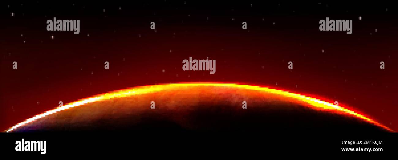 Marte pianeta alieno bordo in luce alba su cielo nero con stelle lucenti. Spazio esterno sfondo, pianeta globo con bagliore rosso, atmosfera luminosa su ho Illustrazione Vettoriale