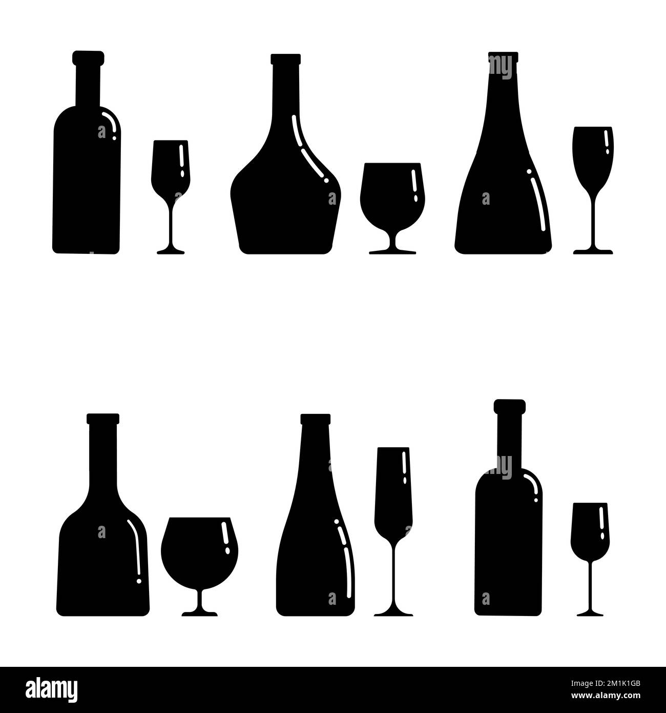 Un set di silhouette di bottiglie di alcool e bicchieri di diverse forme. Clip art vettoriale isolato su bianco Illustrazione Vettoriale