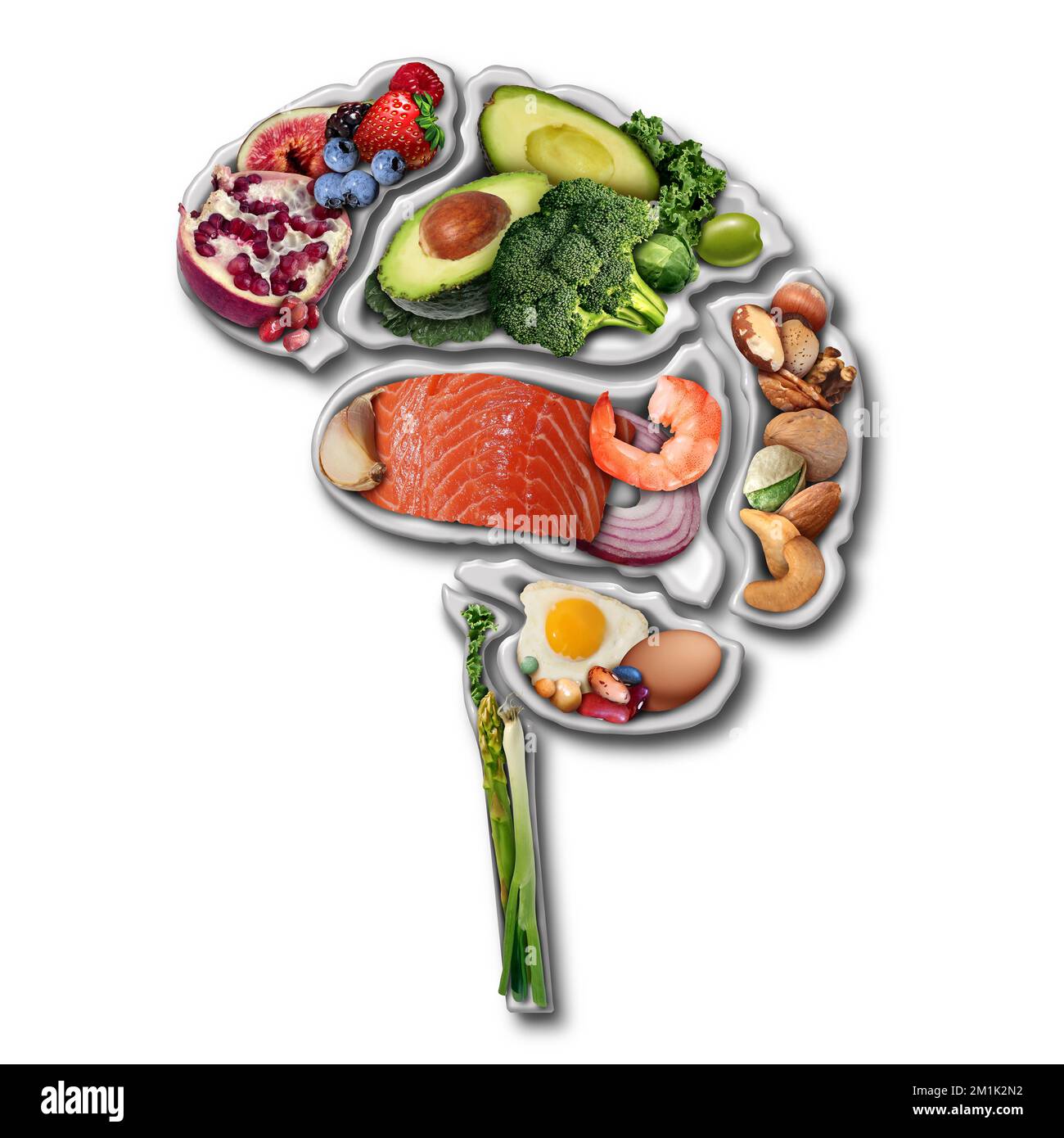 Brain Power Food per potenziare il concetto di alimentazione della potenza del cervello come un gruppo di verdure nutrienti a base di frutta secca e frutti di bosco ricchi di acidi grassi omega-3 Foto Stock