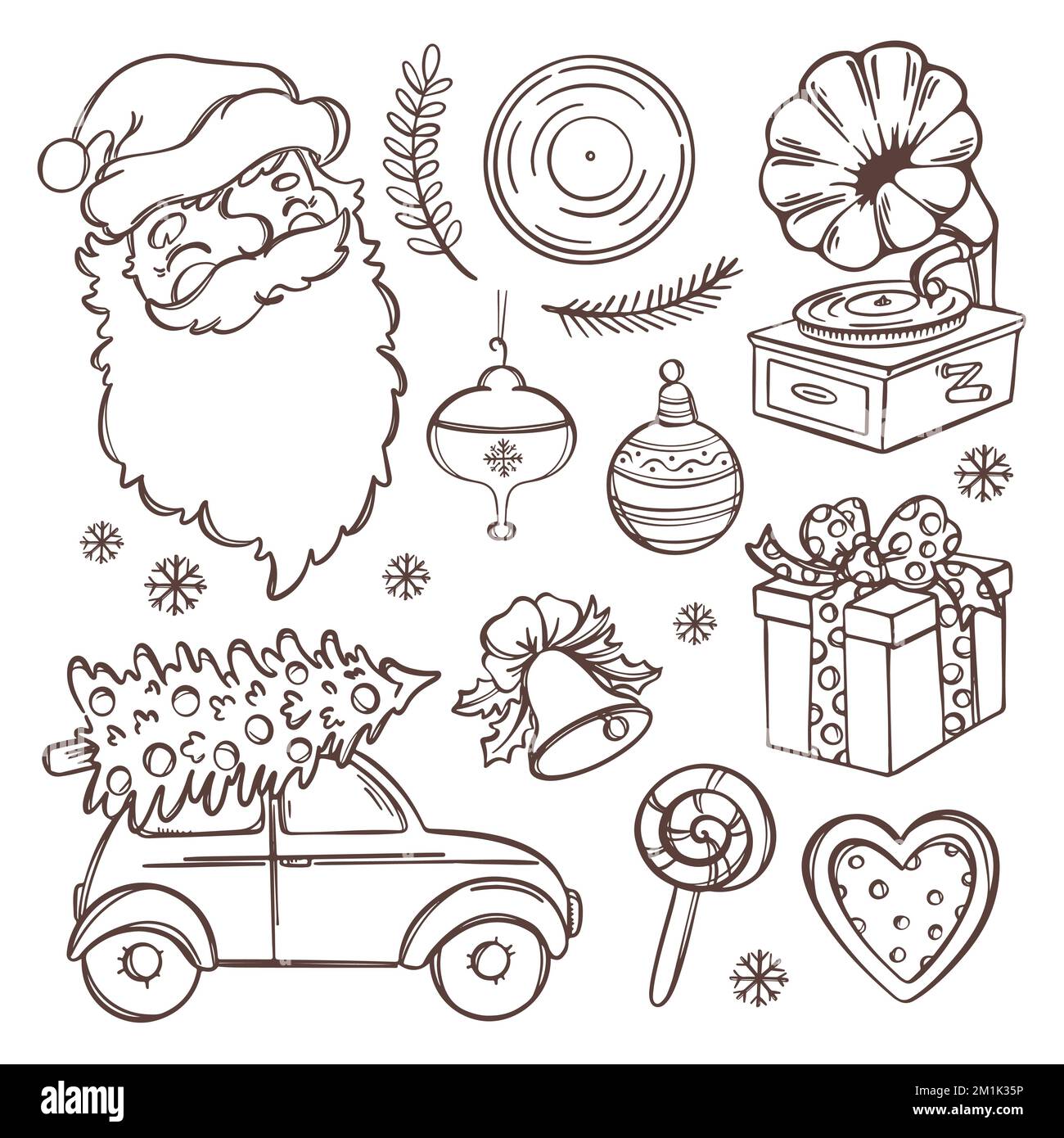 RETRO UMORE NATALE SET sorridente Babbo Natale regalo e Capodanno Gramophone suona record fiocchi di neve Lollipop Inverno Festa disegnata a mano Cartoon Monochrom Illustrazione Vettoriale