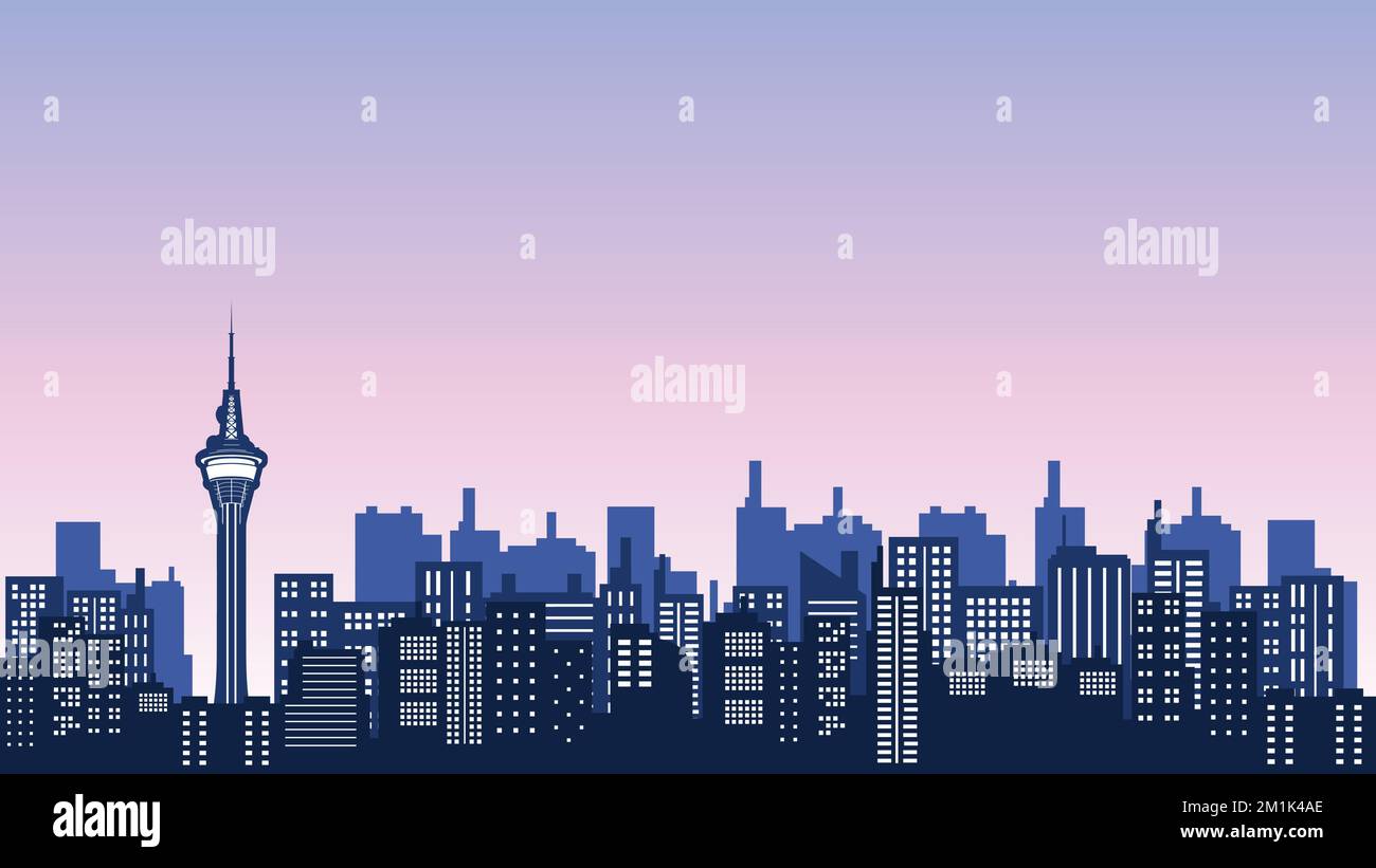 Panorama della silhouette cittadina con molti edifici alti e centri commerciali intorno alla torre di macau Illustrazione Vettoriale