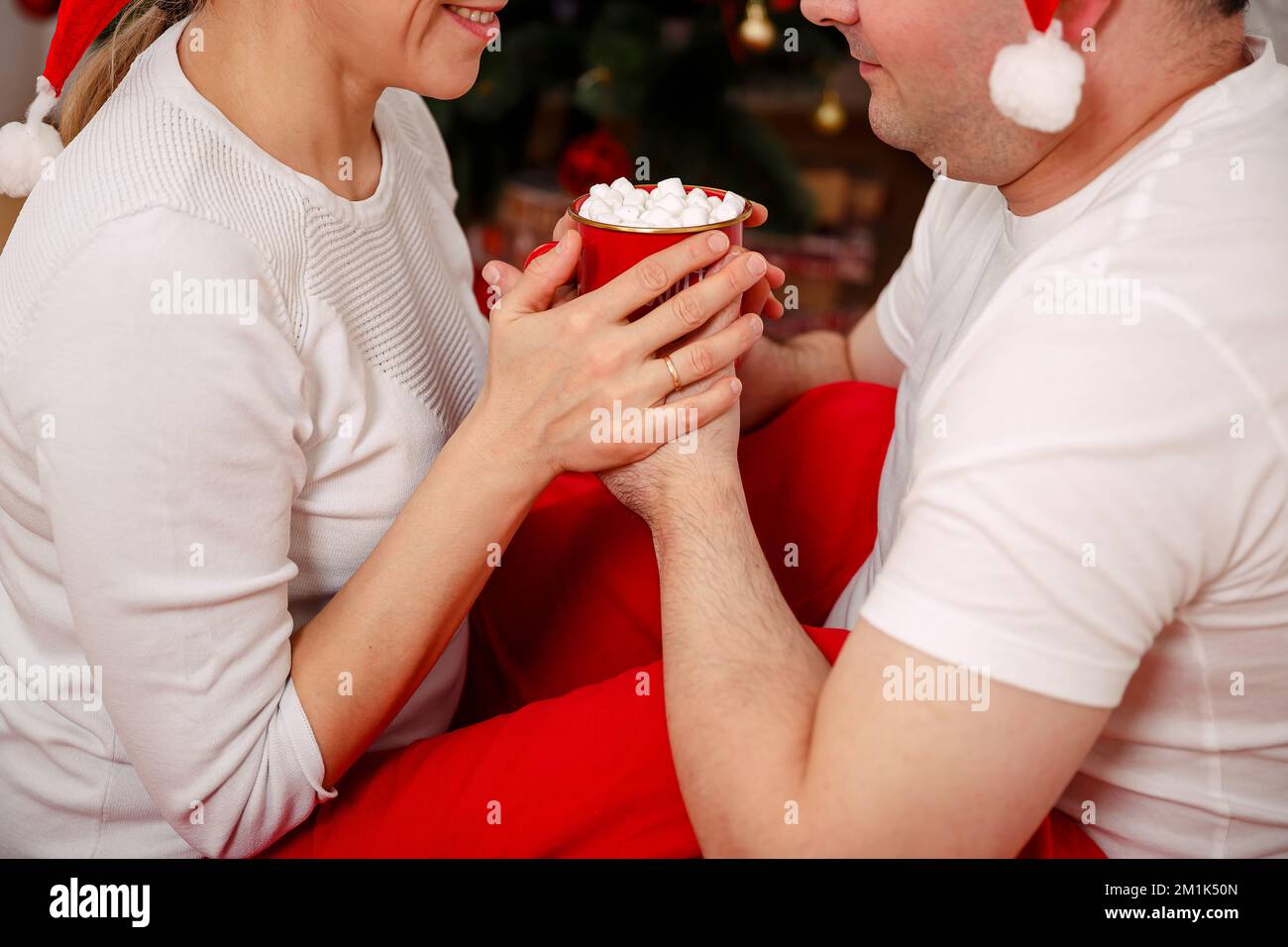 Coppia che tiene le mani e che si rilassa seduto sotto l'albero di Natale. Foto Stock