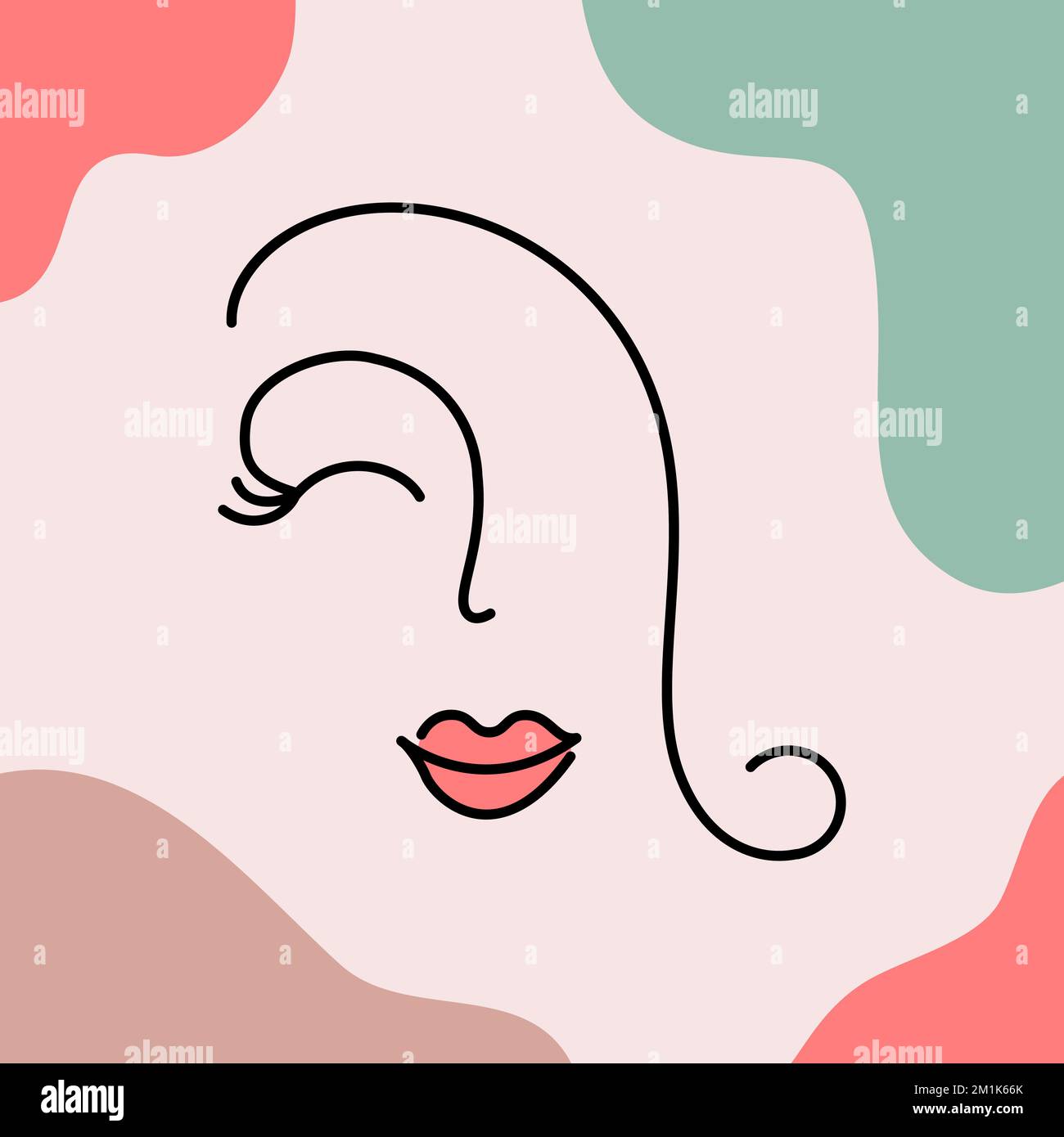 Sessanta linea di acconciatura arte viso donna. Bella donna sorridente ritratto lineare. Testa di ragazza con labbra rosse e ciglia. Linea di cubismo astratto art. Illustrazione Vettoriale