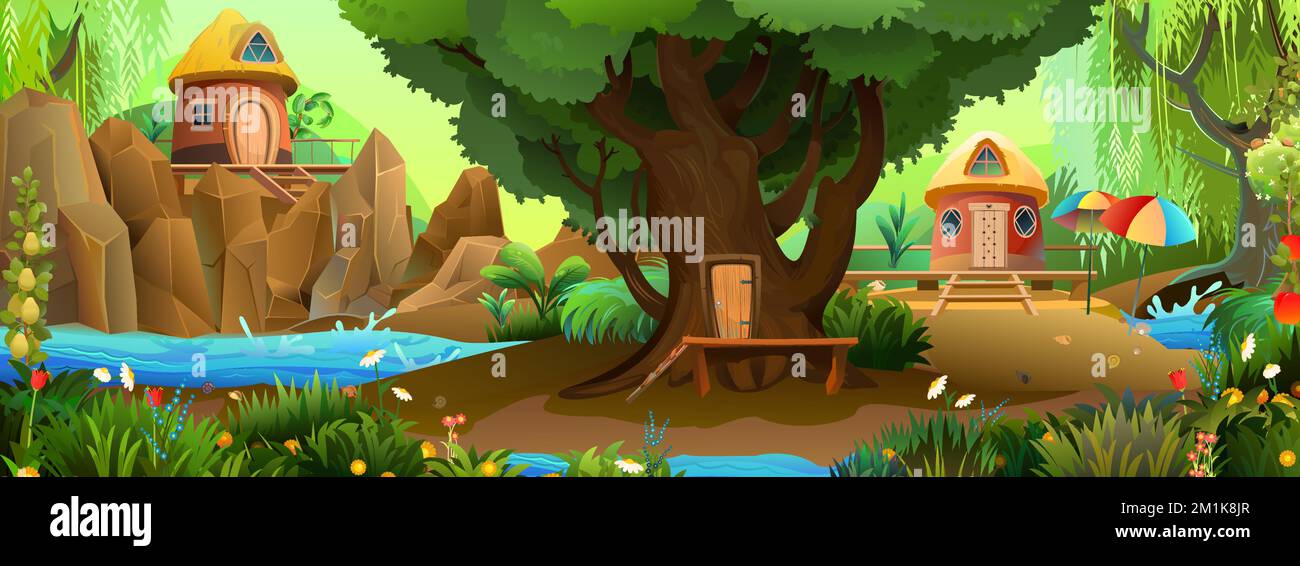 Luogo di svago e divertimento nella natura. Casa sull'albero con porta e scale. Onde d'acqua del fiume. Piccole case estive. Illustrazione orizzontale Illustrazione Vettoriale