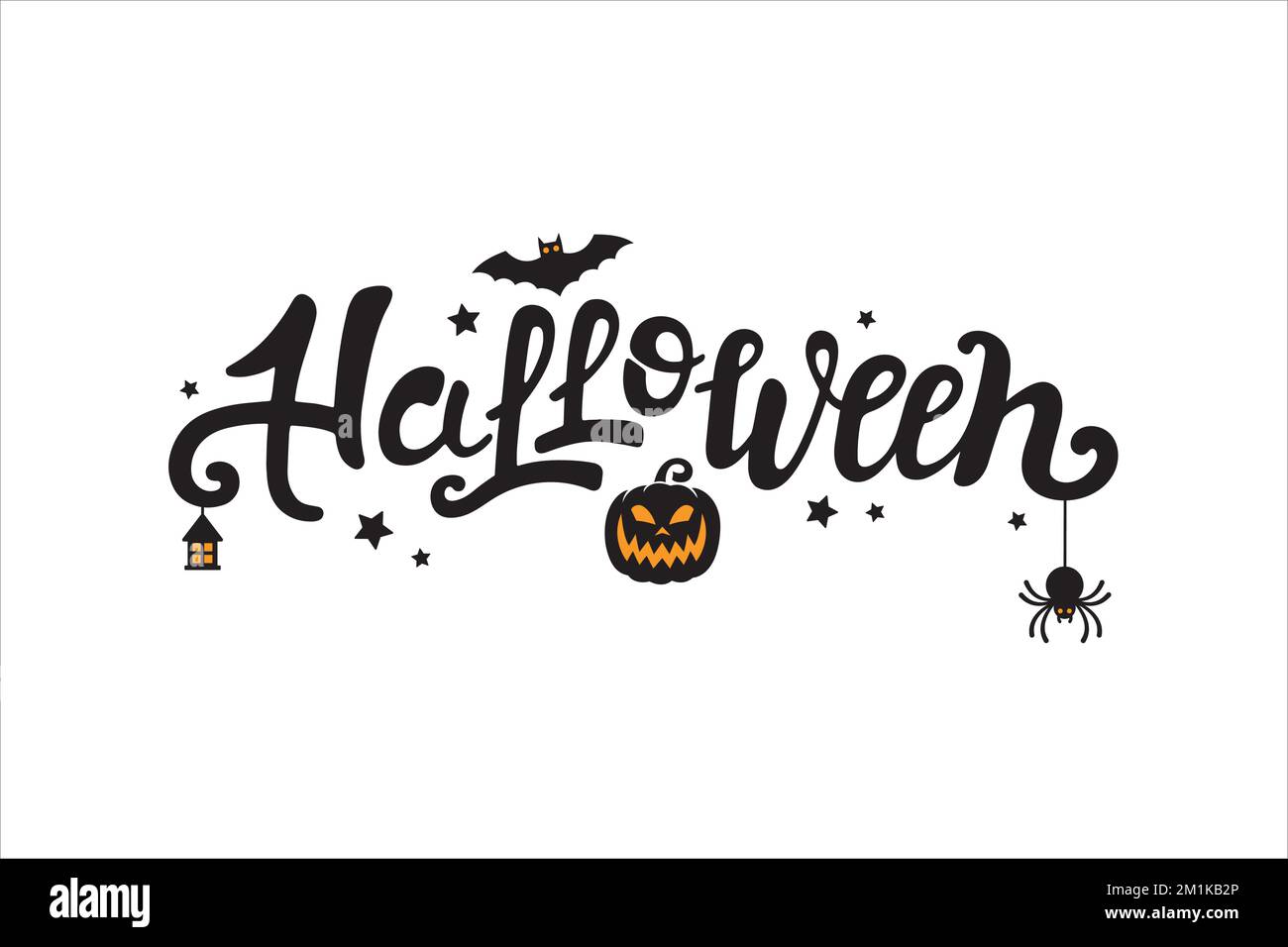 Disegno scritto a mano del vettore di Halloween. Calligrafia festiva con ragno, pipistrello, zucca, stelle, lanterna per bandiera, poster, biglietto d'auguri, festa Illustrazione Vettoriale