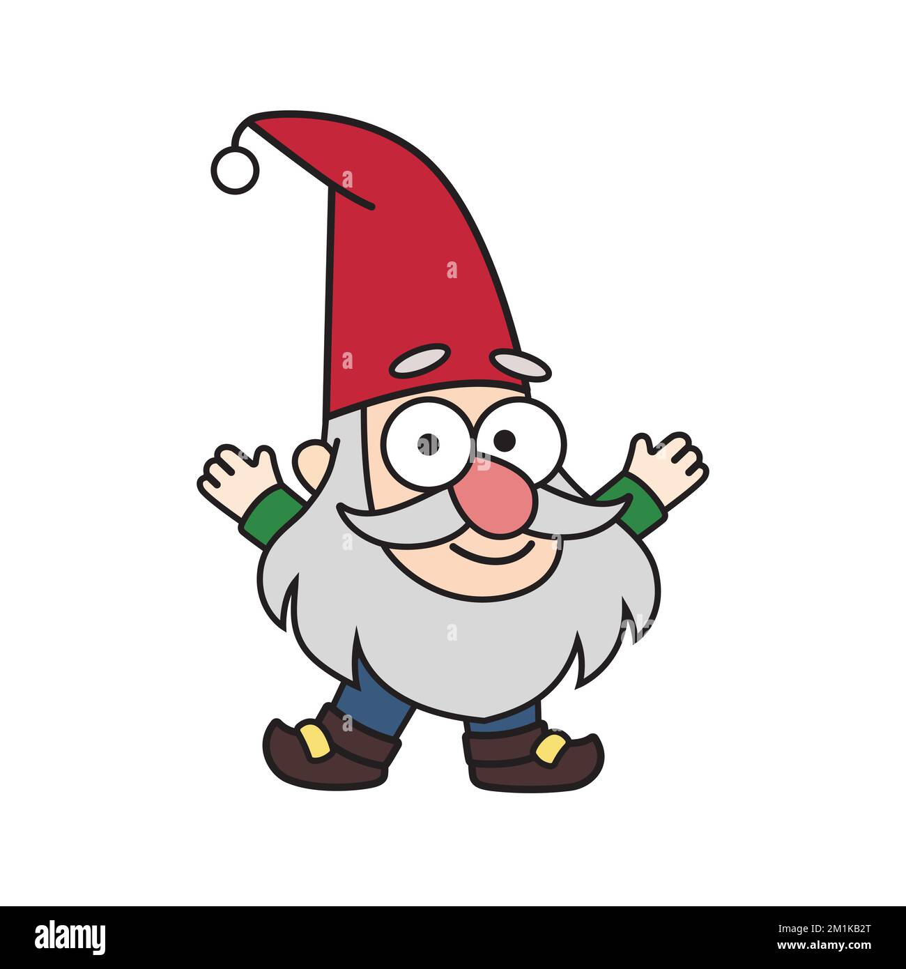 Allegro piccolo gnomo da giardino, nano, oldman indossa un cappello rosso in stile cartone animato. Illustrazione colorata per bambini da favola vettoriale, personaggio da disegno, mascotte, adesivo Illustrazione Vettoriale