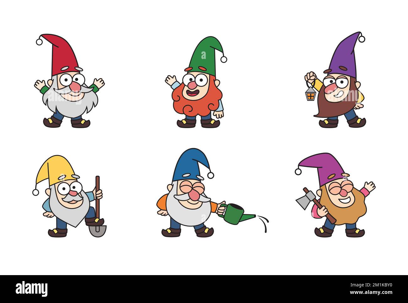 Allegri gnomes giardino, nani, vecchi, giardinieri in stile cartoon. Illustrazione di bambini di fiaba di vettore colorato, personaggi di disegno, mascotte, Illustrazione Vettoriale