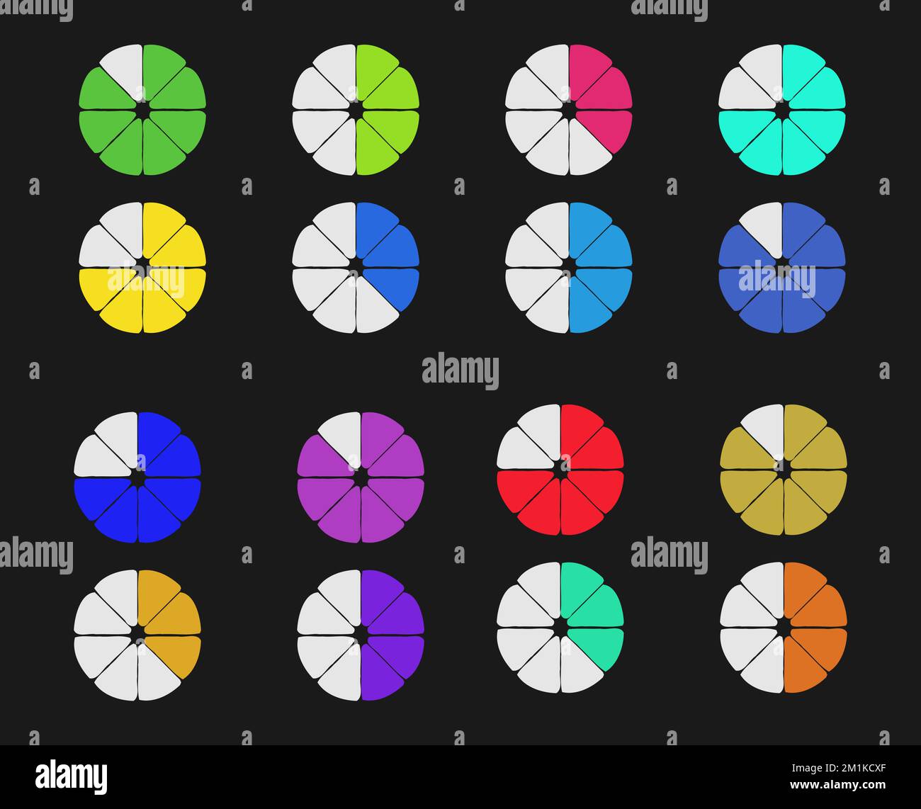 Segmenti di cerchio colorati con angoli arrotondati. Grafico a torta a forma di fiore. Grafico circolare rotella avanzamento modello infografico per il business Illustrazione Vettoriale