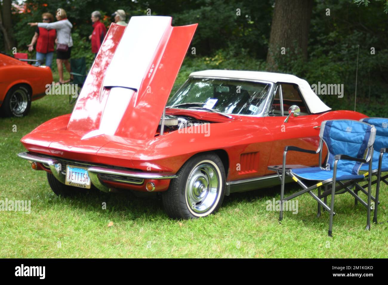 Una Chevrolet Corvette d'epoca rossa in mostra all'Hampshire Illinois Suds & Fun Car Show Foto Stock