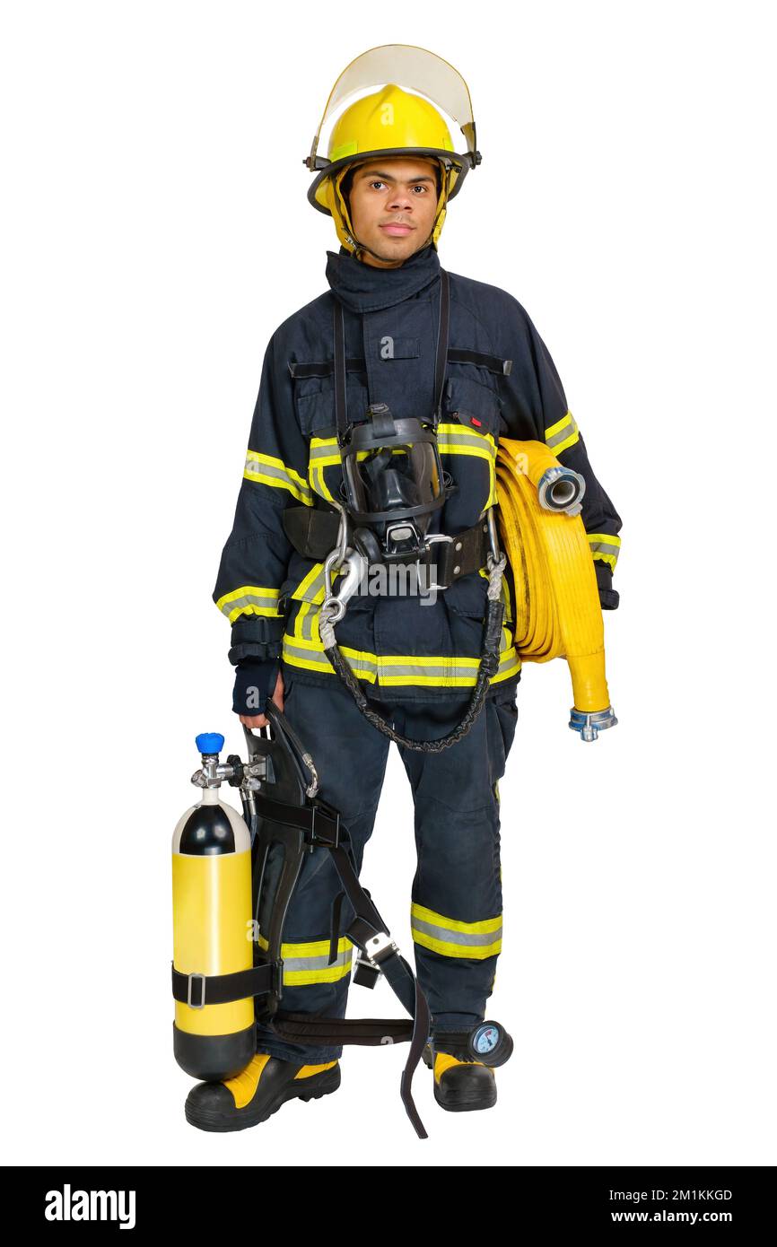Pompieri con cilindro per aria respirabile e manichetta antincendio Foto Stock