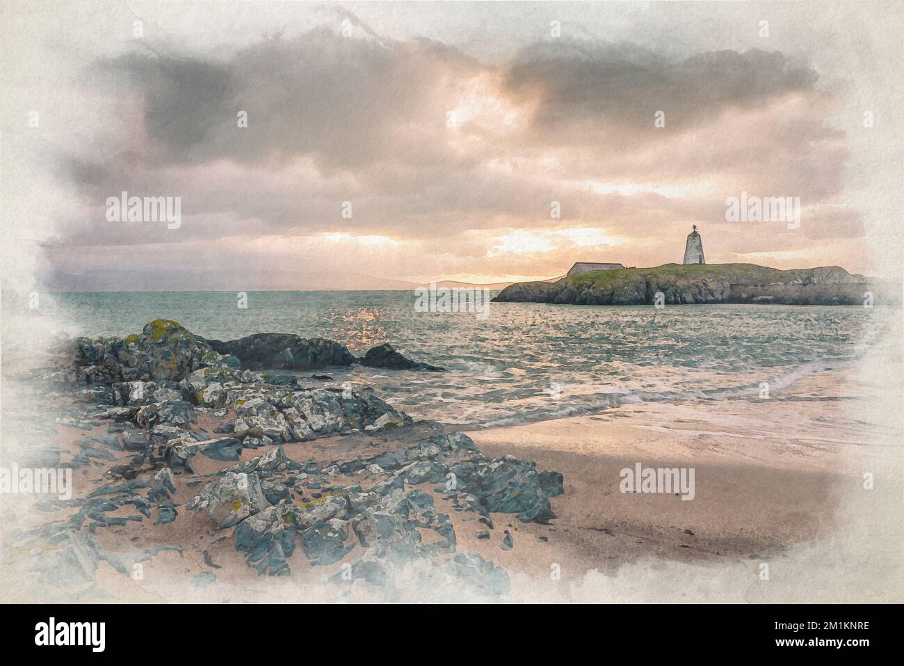 Il faro dell'isola di Llanddwyn. TWR Bach Digital Watercolor painting a Ynys Llanddwyn ad Anglesey, Galles, Regno Unito. Foto Stock