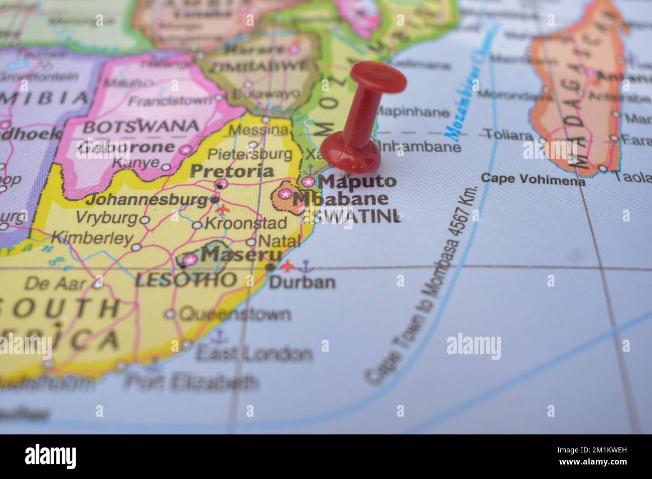 Puntino rosso che indica la posizione di Maputo World Map Close-up Visualizza fotografia d'archivio Foto Stock