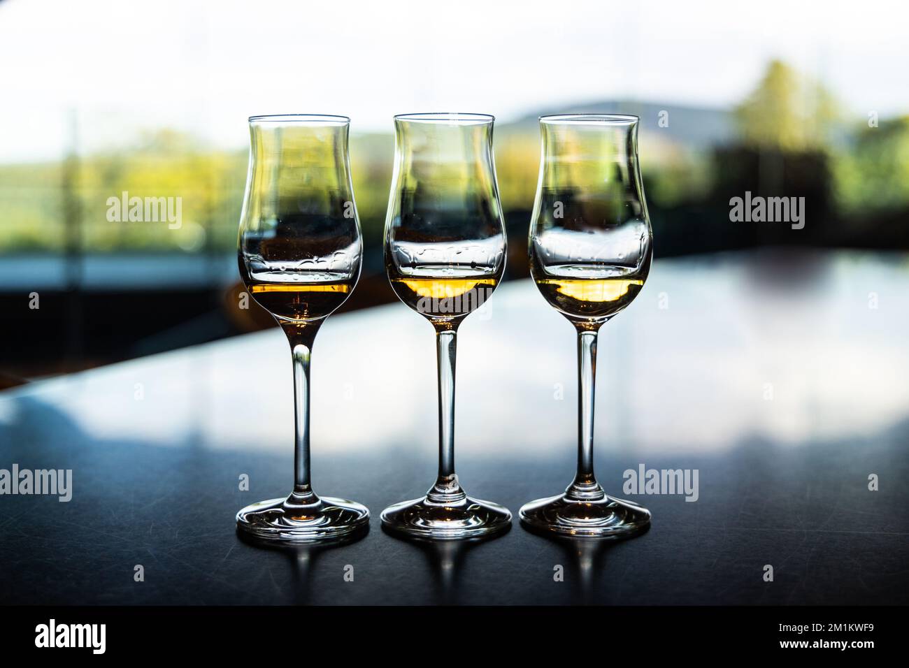 Tre bicchieri di whiskey contenenti whiskey di malto singolo di diverso anno e qualità per la degustazione Foto Stock