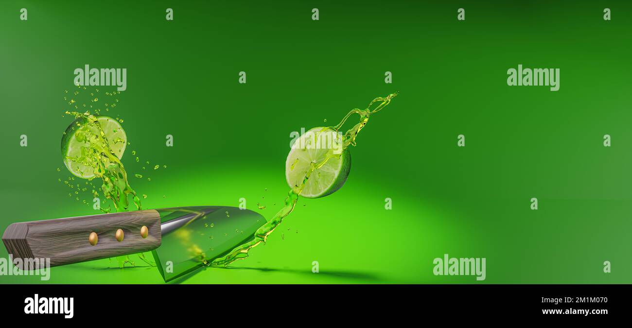 Coltello tagliando a metà un lime facendo un tuffo di succo di lime su uno sfondo verde 3D resa Foto Stock