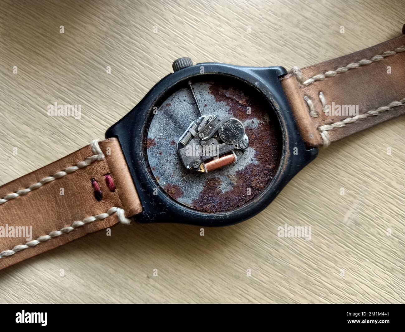 i componenti interni di un orologio che sono parzialmente corrosi Foto Stock