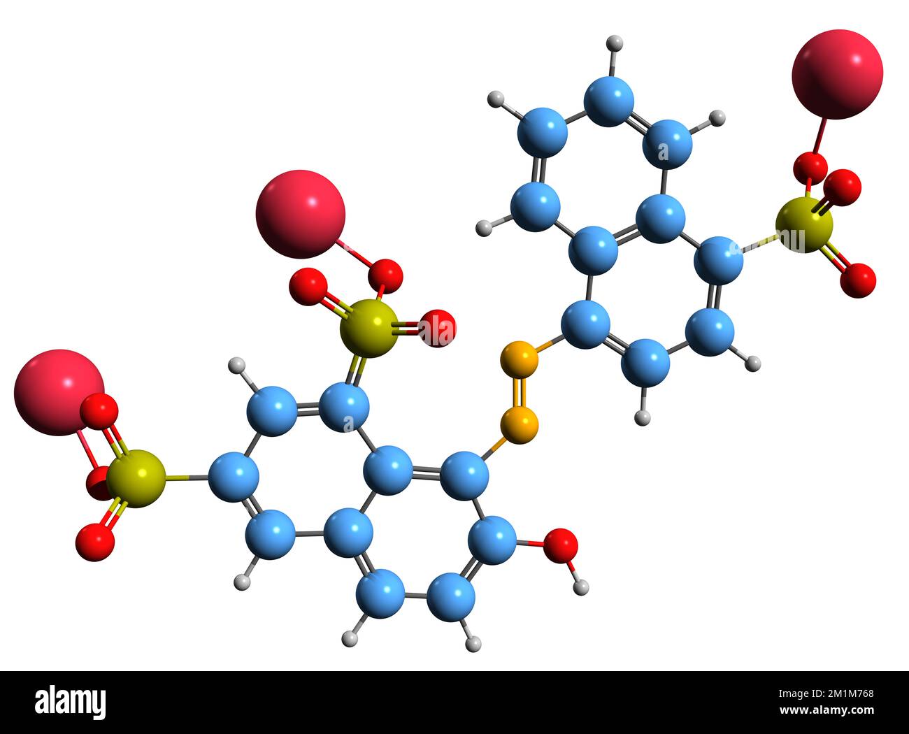 3D immagine di Ponceau 4R formula scheletrica - struttura chimica molecolare del colorante sintetico rosso cocineale A isolato su sfondo bianco Foto Stock